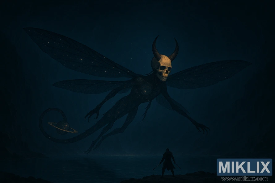 A lone warrior faces a massive flying celestial insect creature with a horned human skull and a ringed planetary tail inside an enormous underground cavern. A lone warrior faces a massive flying celestial insect creature with a horned human skull and a ringed planetary tail inside an enormous underground cavern.