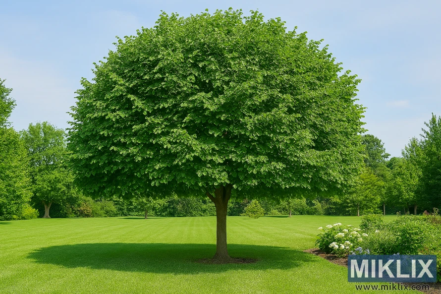 Modent lindetre med en bred baldakin som kaster skygge over en velstelt hageplen