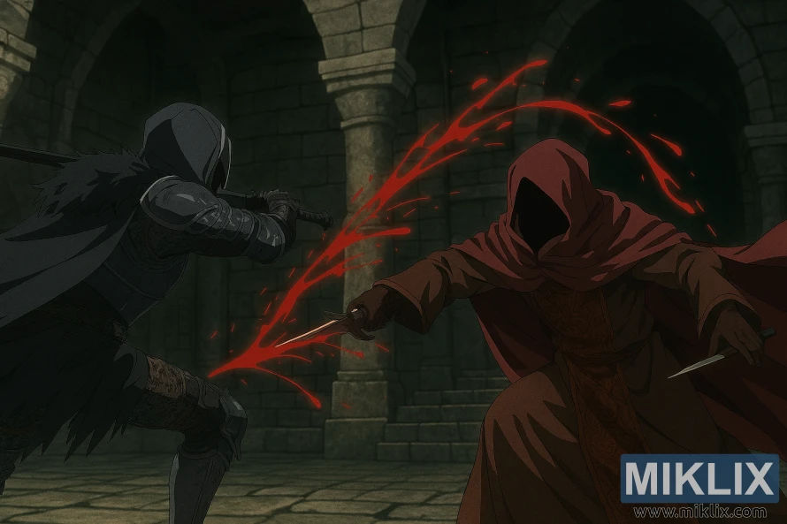 Anime-style fan art of the Tarnished fighting hooded Esgar, Priest of Blood, in Elden Ring's Leyndell Catacombs