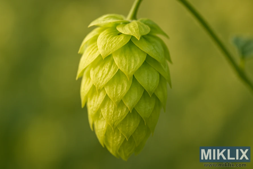 Makro detail jediné zářivě zářící chmelové hlávky Calypso v měkkém světle