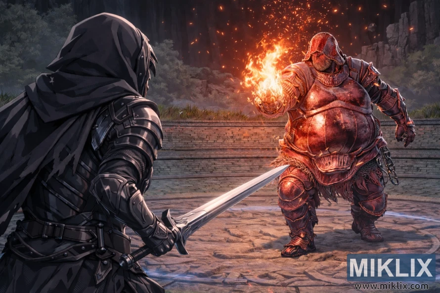 Fan art ao estilo anime que mostra o Maculado por trás empunhando uma espada enquanto enfrenta Adan, o Ladrão de Fogo, dentro da Evergaol do Malefactor antes do combate.