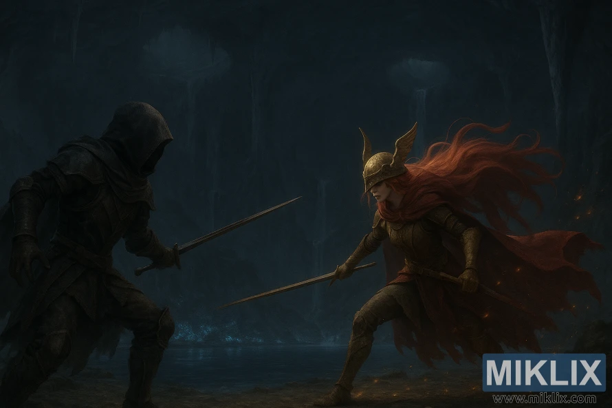 Fan art of a Black Knife assassin clashing with Malenia, Blade of Miquella, in a dark cavern.
