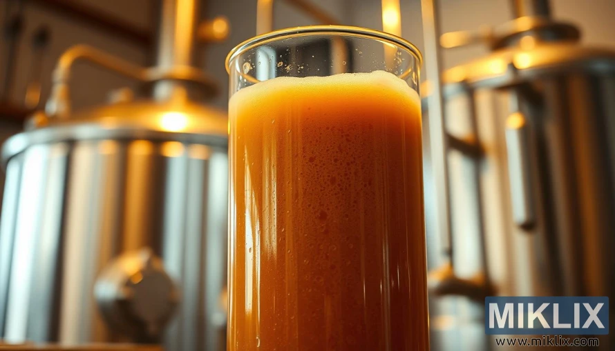 Krupni plan staklene čaše s pjenastom smeđom tekućinom koja fermentira u toplom zlatnom svjetlu.