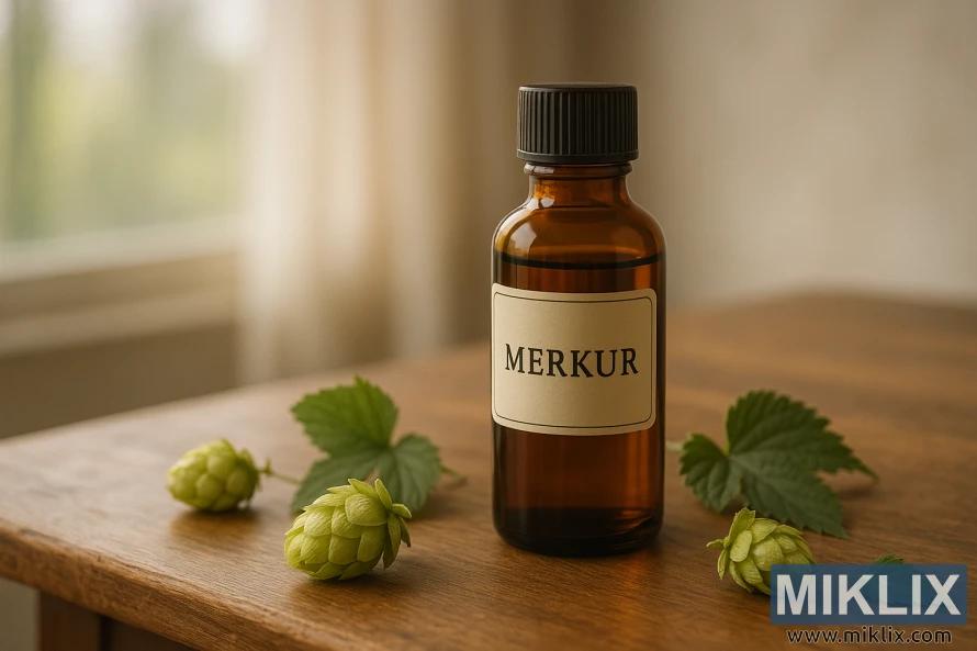 Κεχριμπαρένιο γυάλινο μπουκάλι αιθέριου ελαίου Merkur σε ξύλινο τραπέζι που περιβάλλεται από φρέσκους πράσινους κώνους και φύλλα λυκίσκου, απαλά φωτισμένο από το φυσικό φως του παραθύρου στο φόντο.