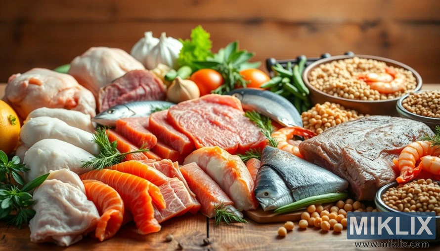 مجموعة متنوعة من الأطعمة الغنية بالبيتا ألانين بما في ذلك اللحوم والمأكولات البحرية والمصادر النباتية على طاولة خشبية. مجموعة متنوعة من الأطعمة الغنية بالبيتا ألانين بما في ذلك اللحوم والمأكولات البحرية والمصادر النباتية على طاولة خشبية.