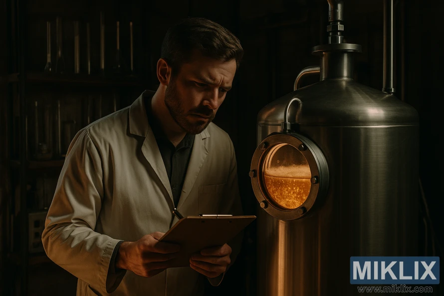 Пивовар в белом лабораторном халате изучает бродильный чан из нержавеющей стали с кипящим пивом «Кёльш», держа в руках планшет, в тускло освещенной пивоварне, заполненной оборудованием и теплым светом. Пивовар в белом лабораторном халате изучает бродильный чан из нержавеющей стали с кипящим пивом «Кёльш», держа в руках планшет, в тускло освещенной пивоварне, заполненной оборудованием и теплым светом.