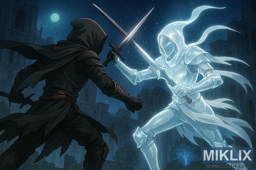 Anime stílusú rajongói grafika, amelyen a Tarnished hátulról látható, amint egy világító Mimic Tearrel küzd Nokron Eternal Cityben Anime stílusú rajongói grafika, amelyen a Tarnished hátulról látható, amint egy világító Mimic Tearrel küzd Nokron Eternal Cityben