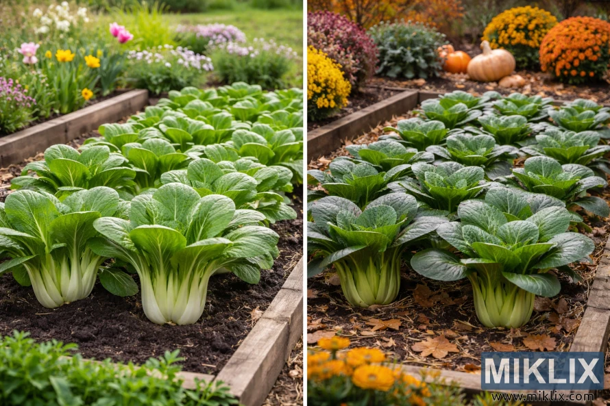 Landskapsbilde av bok choy som vokser i hevede hagebed, med vårplantinger på den ene siden og høstplantinger med høstfarger på den andre. Landskapsbilde av bok choy som vokser i hevede hagebed, med vårplantinger på den ene siden og høstplantinger med høstfarger på den andre.