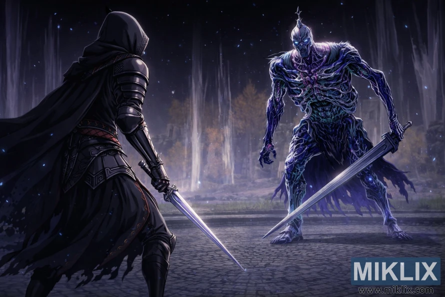 Anime-style fan art of the Tarnished in Black Knife armor confronting Bols, Carian Knight, inside Cuckoo’s Evergaol just before battle in Elden Ring. Anime-style fan art of the Tarnished in Black Knife armor confronting Bols, Carian Knight, inside Cuckoo’s Evergaol just before battle in Elden Ring.