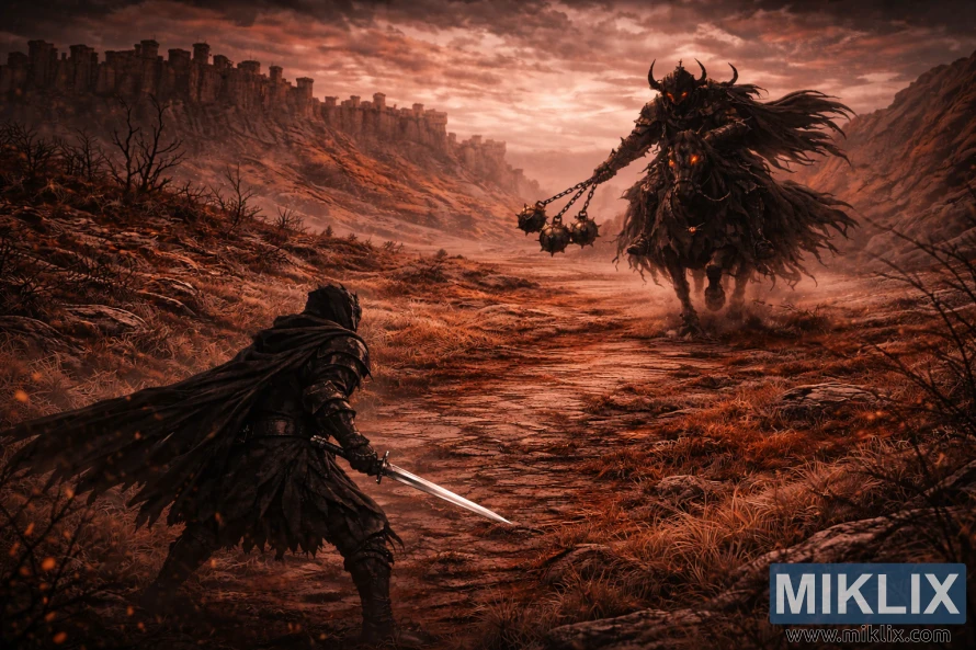 Isometric dark fantasy scene of the Tarnished holding a sword in the lower left while the Night’s Cavalry charges on a skeletal horse with a three-balled flail across the red plains of Caelid.