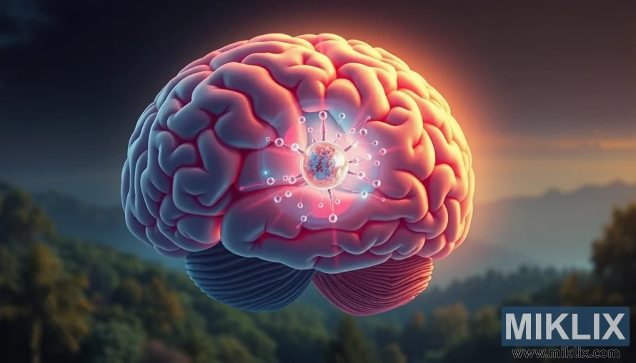 Илюстрация на мозък със светеща молекула на CoQ10 и невронни пътища в топла околна светлина. Илюстрация на мозък със светеща молекула на CoQ10 и невронни пътища в топла околна светлина.