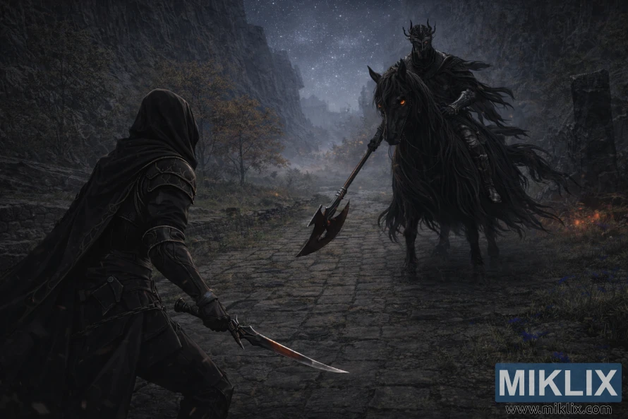 Fan art semi-realista de Elden Ring mostrando o Maculado com armadura de Faca Negra à esquerda a enfrentar uma imponente Cavalaria da Noite a cavalo na nevorosa Estrada Bellum à noite.