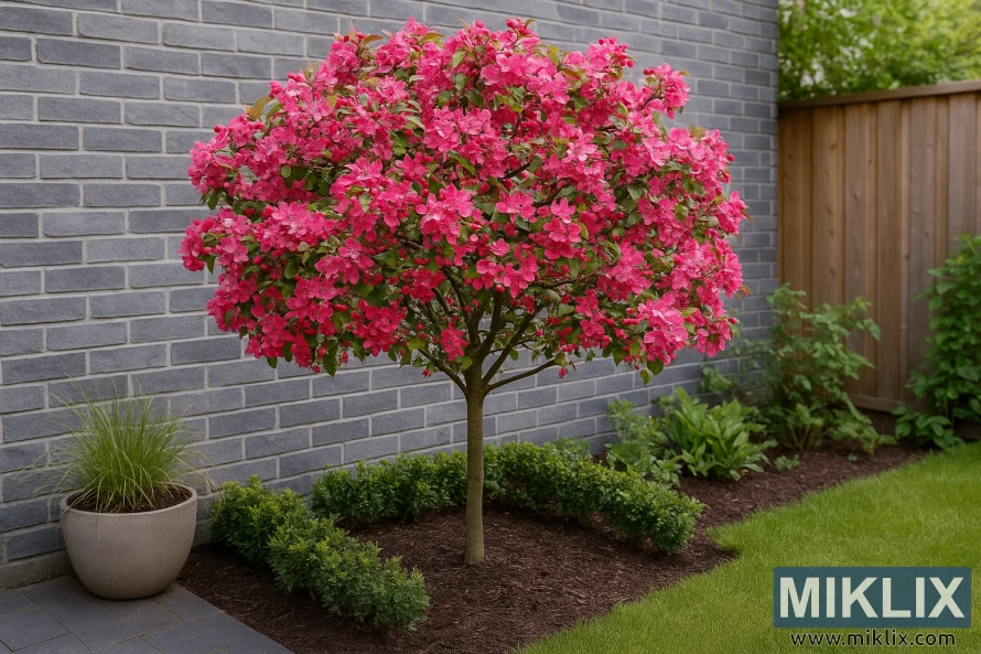 A small crabapple tree with vibrant pink blossoms growing beside a gray brick wall in a neatly landscaped urban garden. A small crabapple tree with vibrant pink blossoms growing beside a gray brick wall in a neatly landscaped urban garden.