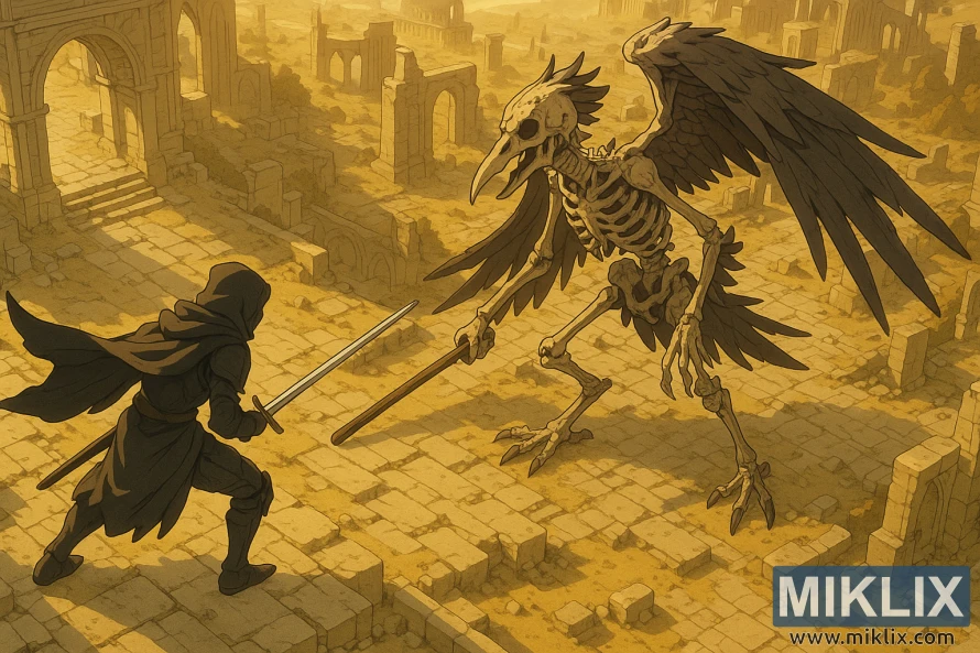 An isometric anime-style view of a Tarnished in Black Knife armor confronting a skeletal Deathbird with a straight cane among the stone ruins of Elden Ring's Capital Outskirts. An isometric anime-style view of a Tarnished in Black Knife armor confronting a skeletal Deathbird with a straight cane among the stone ruins of Elden Ring's Capital Outskirts.