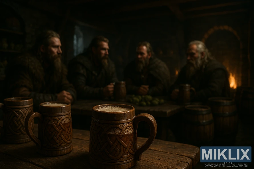 Viking warriors in a dim tavern with wooden tankards of amber ale on a table, lit by a flickering hearth. Viking warriors in a dim tavern with wooden tankards of amber ale on a table, lit by a flickering hearth.