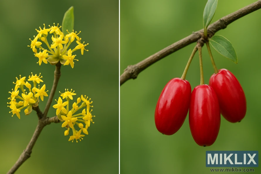 Collage de sanguinyol de cornalina, un al costat de l'altre, amb raïms de flors grogues a l'esquerra i fruits vermells brillants a la dreta, sobre un fons verd suau.