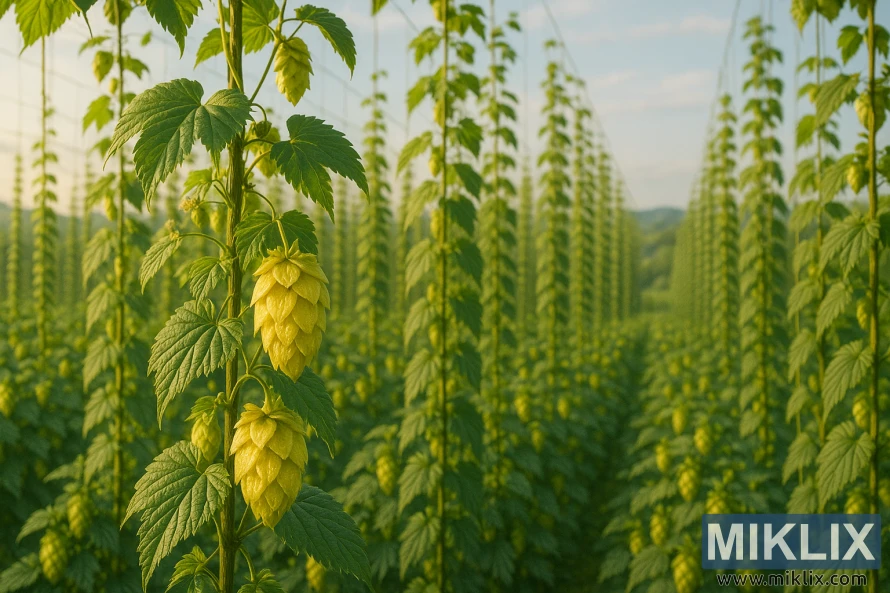 Крупен план на златистозелени шишарки от хмел върху лозя с решетки в слънчево поле с редове от хмел, простиращи се в хълмове. Крупен план на златистозелени шишарки от хмел върху лозя с решетки в слънчево поле с редове от хмел, простиращи се в хълмове.