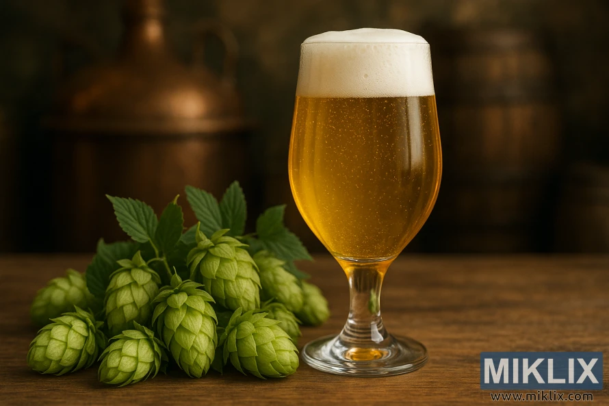 Glass gylden pilsner med friske Saaz humlekegler på trebord i varmt naturlig lys.