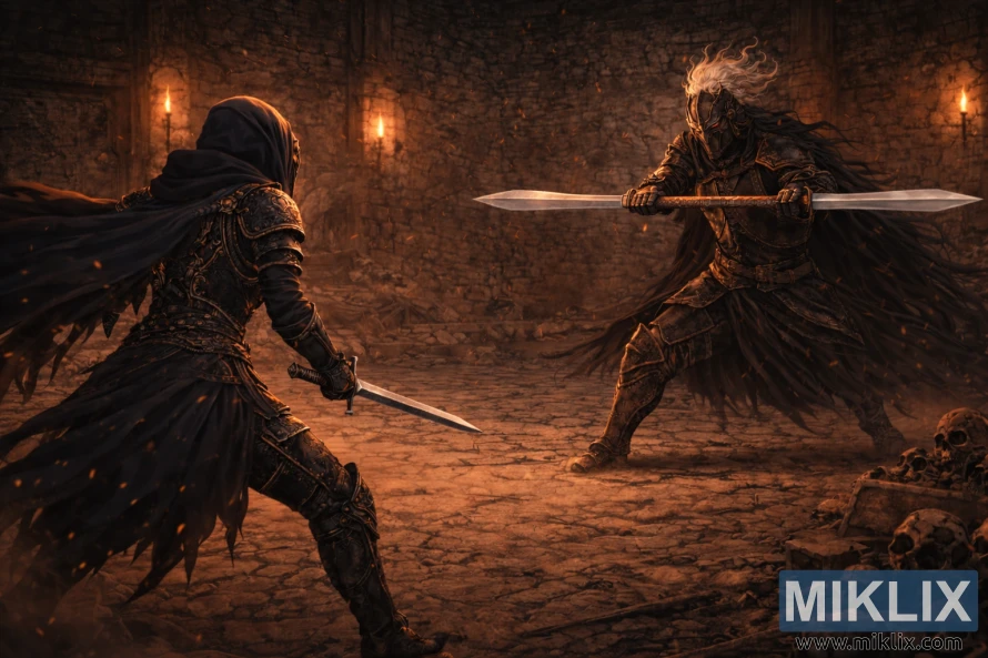 Anime-style illustration of the Tarnished approaching Black Knight Edredd wielding a long double-ended sword in a torchlit stone chamber