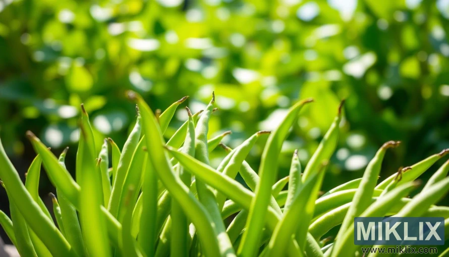 Close-up of fresh green beans under soft natural light with blurred foliage background.
