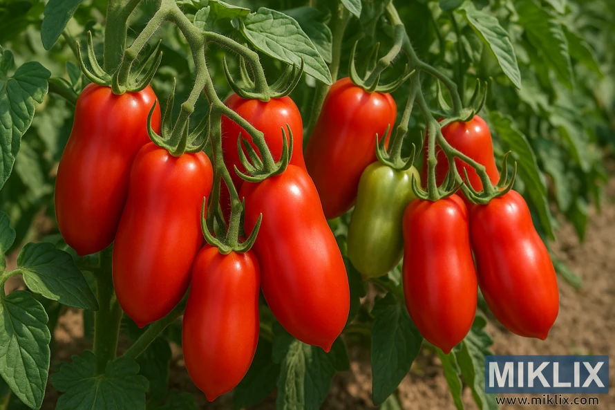Cachos de tomates San Marzano maduros pendurados na trepadeira em um jardim ensolarado. Cachos de tomates San Marzano maduros pendurados na trepadeira em um jardim ensolarado.