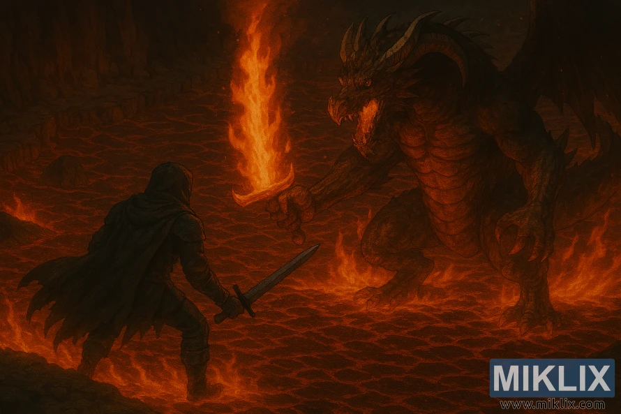 Realistic fantasy art of Tarnished battling Magma Wyrm with oversized flaming sword in Elden Ring Realistic fantasy art of Tarnished battling Magma Wyrm with oversized flaming sword in Elden Ring