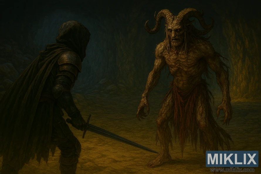 Mørk fantasi-illustrasjon av Tarnished in Black Knife-rustningen som konfronterer den groteske Lamenter-sjefen i en hule med utvidet bakgrunn.