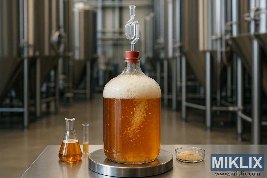 상업용 양조장에서 크라우젠과 에어록을 갖춘 발효 앰버 맥주를 담은 유리 카보이.