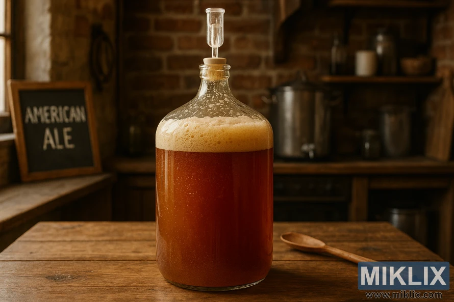 دیہاتی ہومبریو ماحول میں لکڑی کی میز پر امریکی ایل کو خمیر کرنے کا گلاس کاربوائے۔ دیہاتی ہومبریو ماحول میں لکڑی کی میز پر امریکی ایل کو خمیر کرنے کا گلاس کاربوائے۔