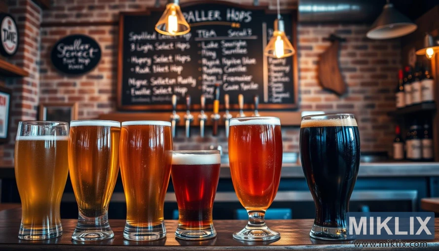 Fire øl brygget med Spalter Select-humle i et hyggeligt taproom med tavlemenu og rustik indretning. Fire øl brygget med Spalter Select-humle i et hyggeligt taproom med tavlemenu og rustik indretning.