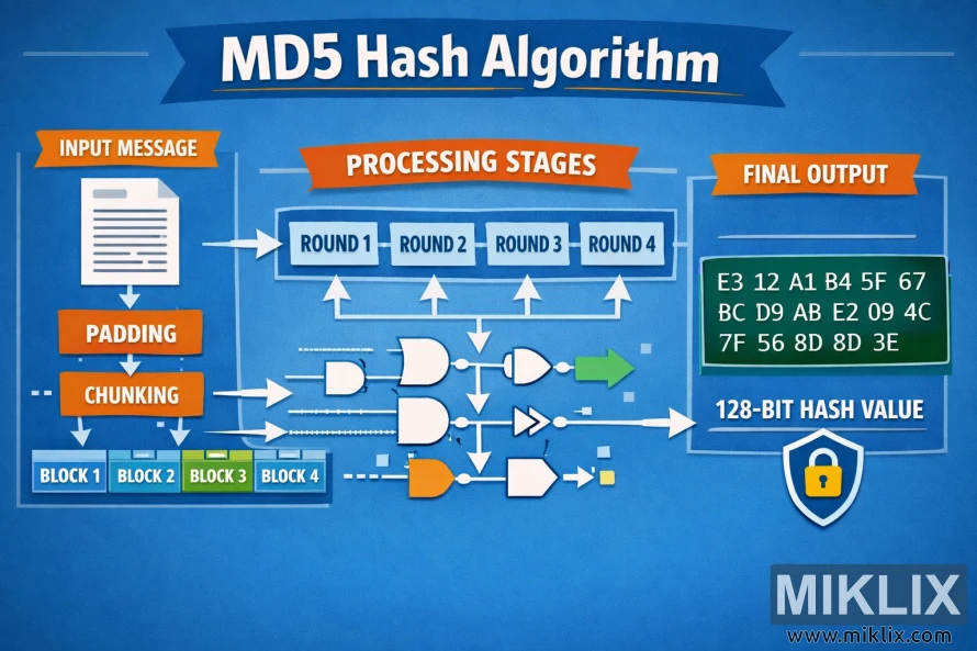 Landscape infographic showing the MD5 hash algorithm from input message through padding, chunking, four processing rounds, and a final 128-bit hexadecimal hash output. Landscape infographic showing the MD5 hash algorithm from input message through padding, chunking, four processing rounds, and a final 128-bit hexadecimal hash output.
