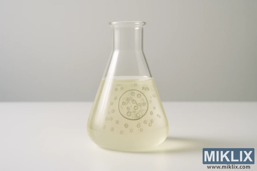 A clear glass Erlenmeyer flask filled with pale liquid and suspended yeast cells, set on a white surface against a neutral background.