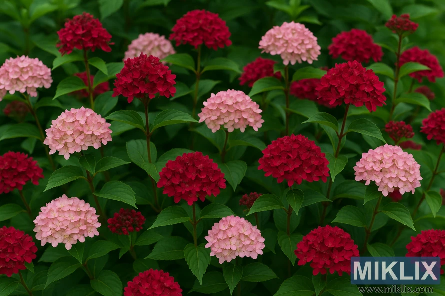 Invincibelle Ruby hydrangeas with ruby-red to soft pink blooms above glossy green foliage.
