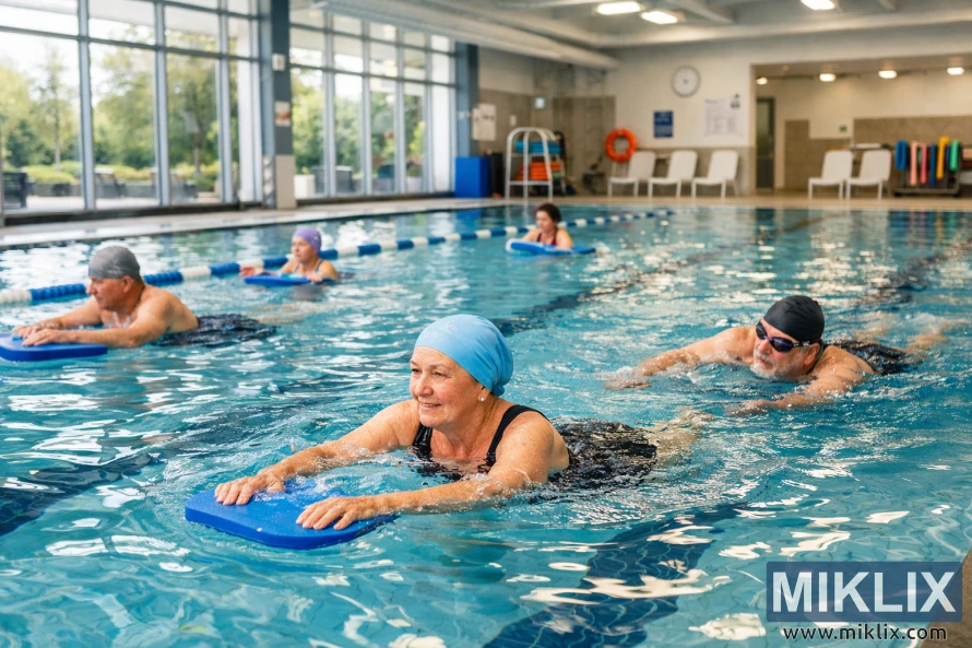 Group of adults using foam kickboards for low-impact exercise in a bright indoor swimming pool with large windows. Group of adults using foam kickboards for low-impact exercise in a bright indoor swimming pool with large windows.