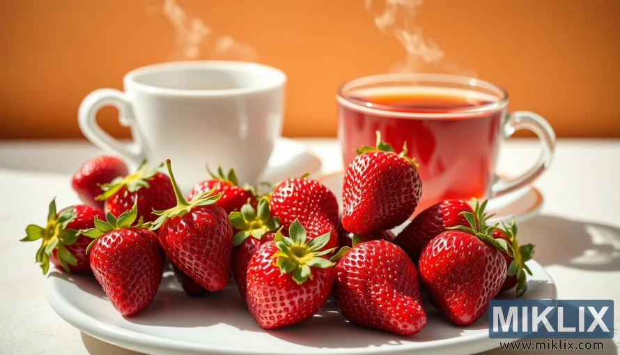 Mga sariwang pulang strawberry sa isang puting platter na may umuusok na tasa ng herbal tea.