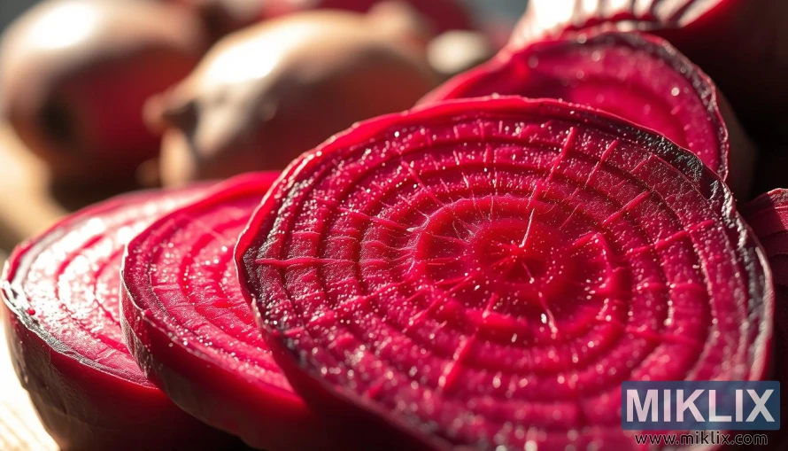 Close-up of sliced beets showing vibrant red-purple hues and fibrous texture.