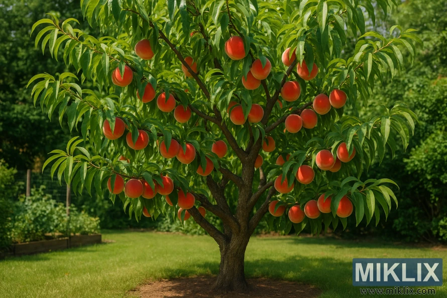 A mature peach tree filled with ripe red-orange peaches standing in a lush green garden on a sunny day.