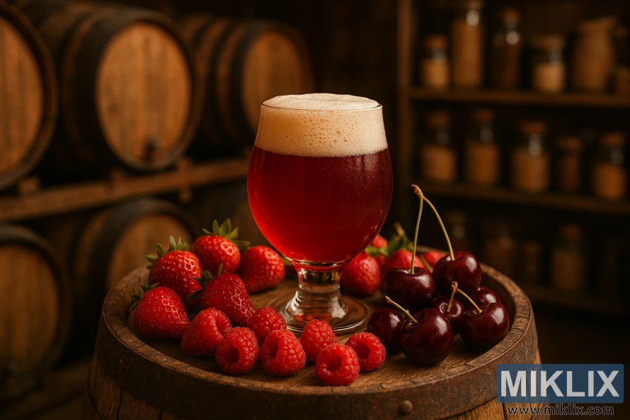 A rustic brewery scene with a barrel of sour beer surrounded by strawberries, raspberries, and cherries.
