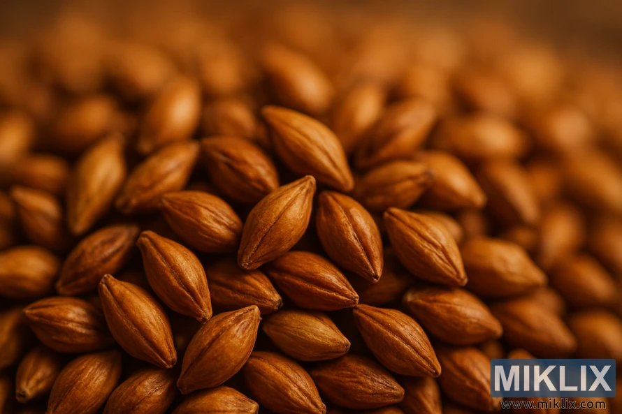 बिस्किट रंगाच्या माल्ट धान्यांचे उबदार, जवळून दृश्य, समृद्ध पोत आणि उथळ खोली, मऊ अस्पष्टतेविरुद्ध भाजलेले रंग.