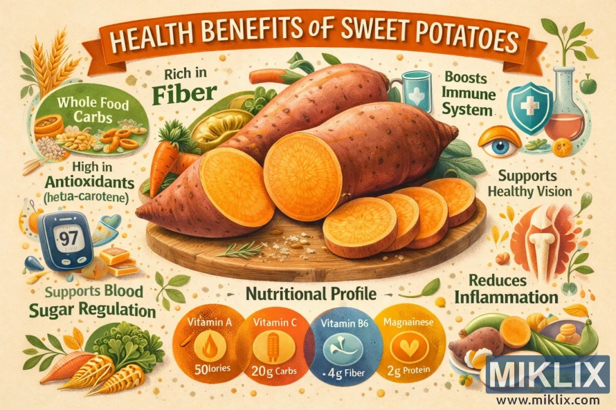 ภาพอินโฟกราฟิกแสดงมันเทศพร้อมไอคอนที่อธิบายถึงใยอาหาร สารต้านอนุมูลอิสระ การเสริมสร้างภูมิคุ้มกัน สุขภาพสายตา และคุณค่าทางโภชนาการ