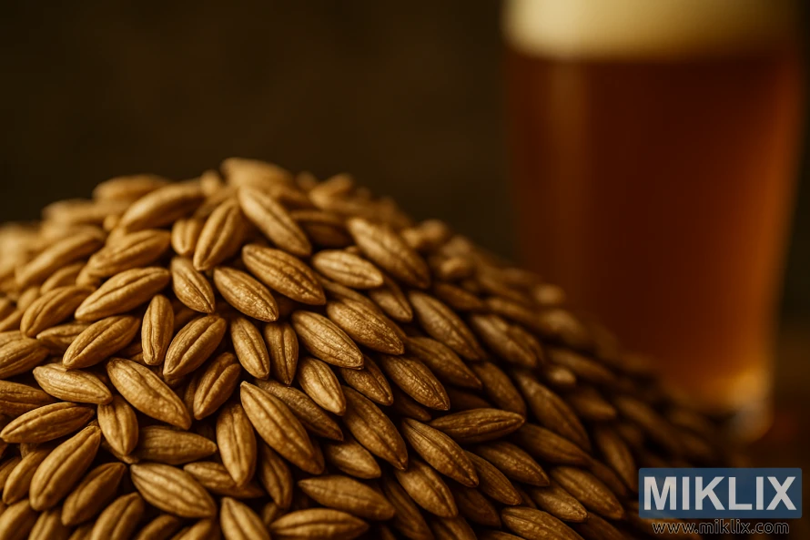 ಬೆಚ್ಚಗಿನ ಚಿನ್ನದ ಬೆಳಕಿನೊಂದಿಗೆ ರೈ ಮಾಲ್ಟ್ ಧಾನ್ಯಗಳ ಹತ್ತಿರದ ನೋಟ, ಅವುಗಳ ರೇಖೆಗಳು ಮತ್ತು ವಿನ್ಯಾಸಗಳನ್ನು ಎತ್ತಿ ತೋರಿಸುತ್ತದೆ.