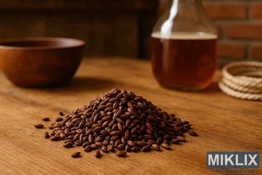 Krupni plan male hrpe tamnih zrna slada Special B na drvenom stolu s lagano zamućenim alatima za kućno pivovarstvo u pozadini.