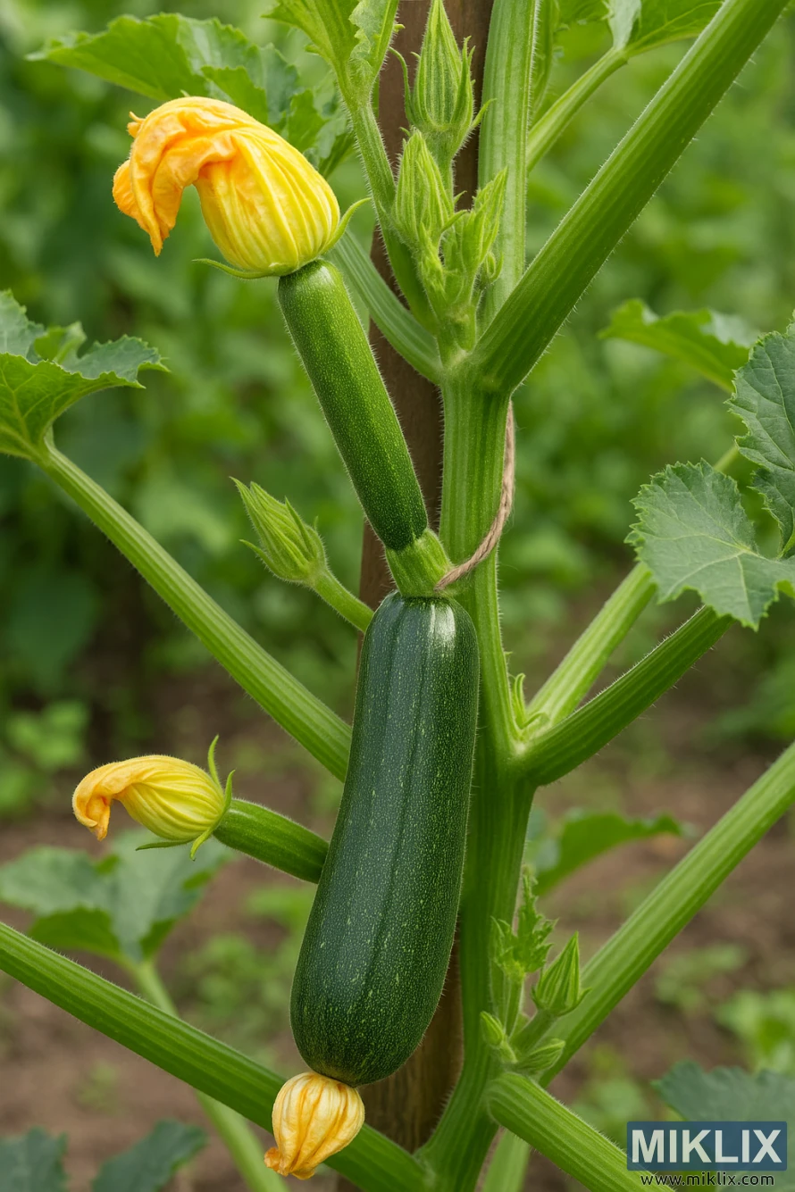ਇੱਕ ਡੰਡੀ ਦੇ ਸਹਾਰੇ ਬਣਿਆ ਹੋਇਆ ਜ਼ੁਕਿਨੀ ਦਾ ਪੌਦਾ ਜਿਸਦੇ ਕਈ ਉੱਭਰ ਰਹੇ ਫਲ ਅਤੇ ਫੁੱਲ ਹਨ। ਇੱਕ ਡੰਡੀ ਦੇ ਸਹਾਰੇ ਬਣਿਆ ਹੋਇਆ ਜ਼ੁਕਿਨੀ ਦਾ ਪੌਦਾ ਜਿਸਦੇ ਕਈ ਉੱਭਰ ਰਹੇ ਫਲ ਅਤੇ ਫੁੱਲ ਹਨ।