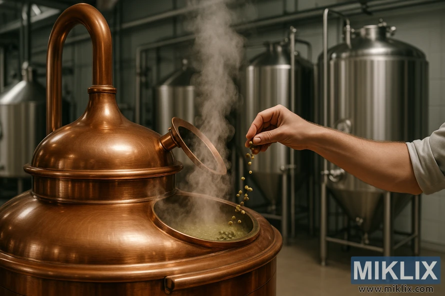 Το χέρι ενός ζυθοποιού προσθέτει λυκίσκο σε έναν ατμιστό χάλκινο βραστήρα, με δεξαμενές ζύμωσης από ανοξείδωτο χάλυβα στο φόντο ενός σύγχρονου ζυθοποιείου.