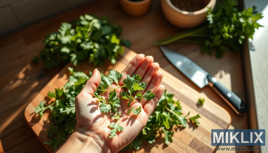 Des mains cueillant de la roquette fraîche sur une planche à découper en bois avec un couteau de chef dans une lumière naturelle chaude.
