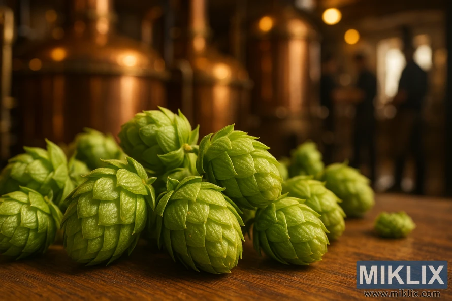 Nærbilde av fersk Columbia-humle på tre med kobberbryggekar uskarpt bak.