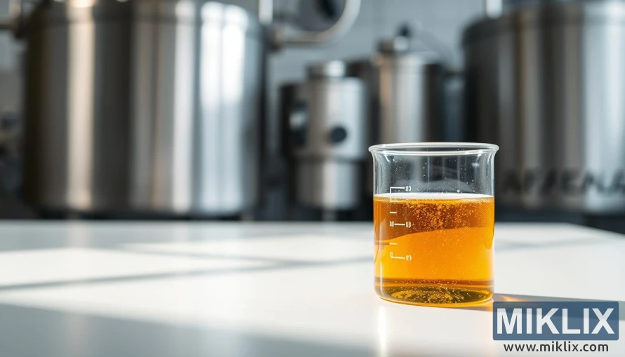 ဓာတ်ခွဲခန်းဆက်တင်တွင် အဖြူရောင်မျက်နှာပြင်ပေါ်ရှိ ပယင်းရှင်းလင်းသော SafAle F-2 တဆေးရည်ပါသည့် မှန်ကရား။