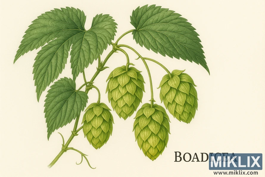 Detailed botanical illustration of Boadicea hop cones with green leaves on a neutral background.