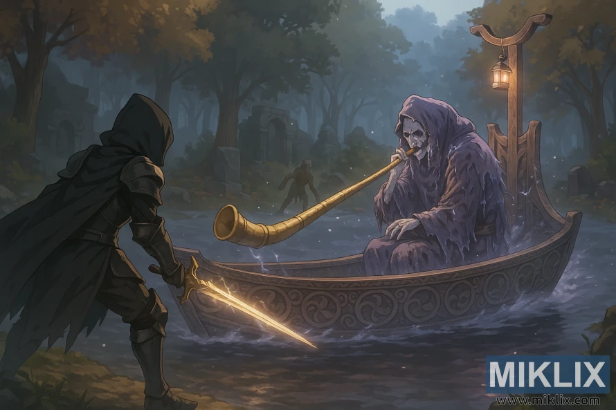 Anime-style Elden Ring fan art showing the Tarnished in Black Knife armor facing the Tibia Mariner in a ghostly boat amid misty ruins.