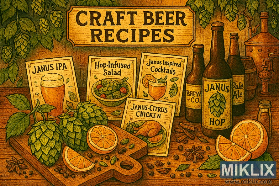 Hand-drawn illustration of Janus hops, craft beer bottles, recipe cards, and a rustic brewing workshop Hand-drawn illustration of Janus hops, craft beer bottles, recipe cards, and a rustic brewing workshop